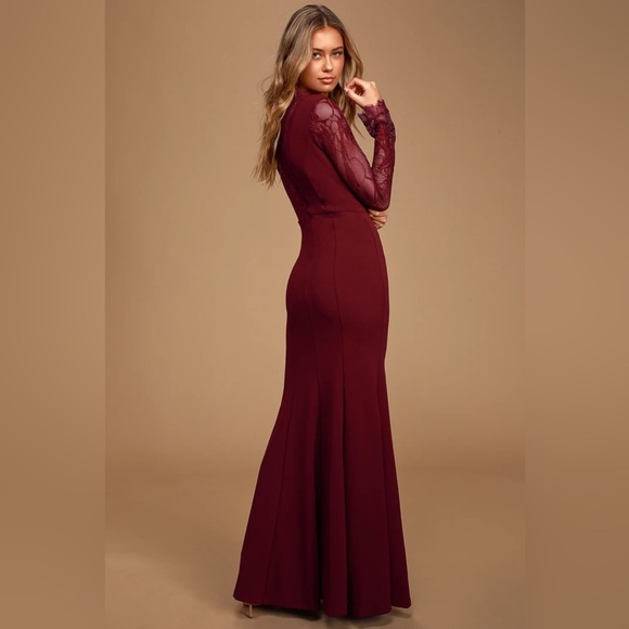 š·Lulus Lovely Ever After Burgundy Lace Long Sleeve Mermaid Maxi Dress, S - Picture 4 of 8